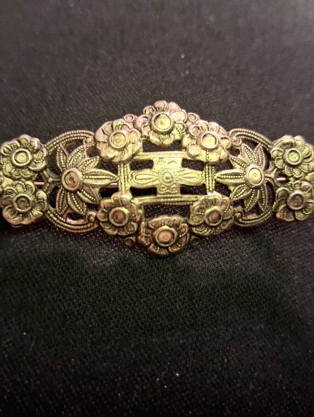 Vintage Floral Cutout Bar Brooch Antique Style Brass Gold Tone Pin